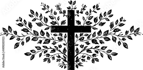 Black silhouette of a cross with decorative leafy branches in symmetry. Vector illustration