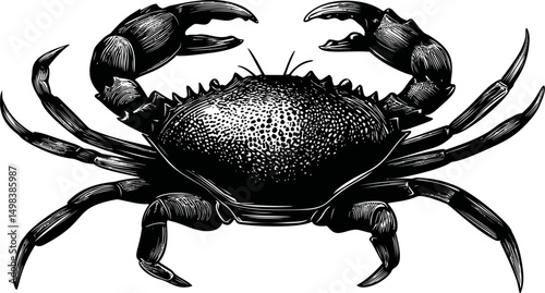 Black and white detailed drawing of a crab with raised claws in vintage style. Vector illustration
