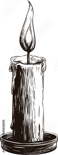 Monochrome illustration of a melted candle with a tall flame in a holder. Vector illustration