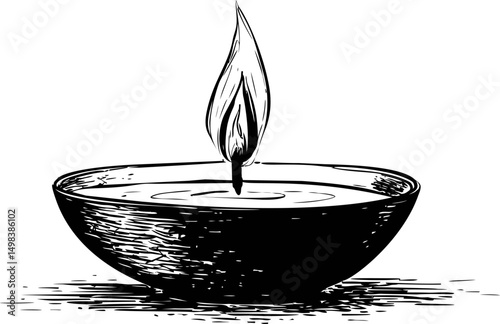 Black and white illustration of a single oil lamp with a large flame. Vector illustration