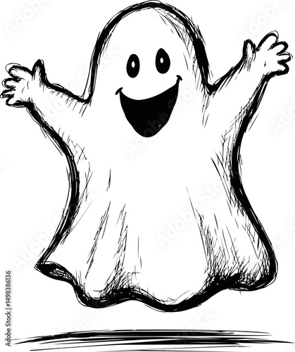 Happy cartoon ghost with raised arms sketched in black and white illustration. Vector illustration