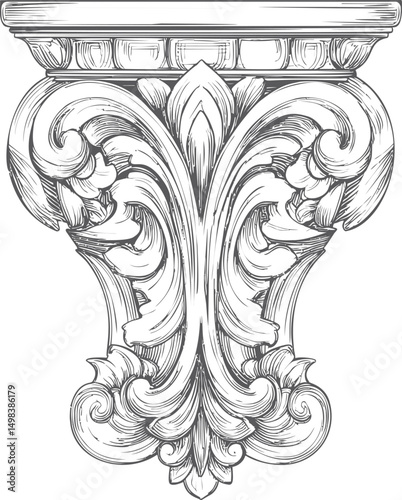 Intricate black and white acanthus leaf corbel design, detailed line art sketch. Vector illustration