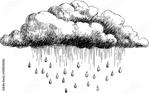 Illustration of a rain cloud with falling raindrops in a sketch style. Vector illustration