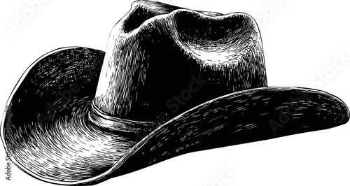Monochrome sketch of a cowboy hat with intricate details, vintage style. Vector illustration