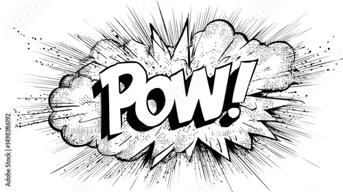 Comic style pow explosion with dynamic lines in black and white illustration. Vector illustration