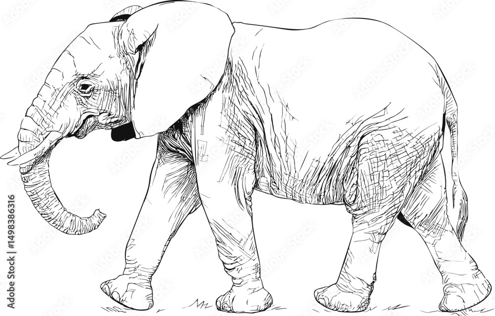 Obraz premium Elephant sketch in detailed black outline walking gracefully. Vector illustration