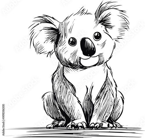 Detailed sketch of a cute seated koala with big eyes drawn in black and white. Vector illustration