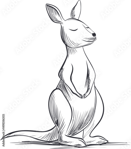 Line art drawing of a peaceful kangaroo standing calmly with eyes closed. Vector illustration