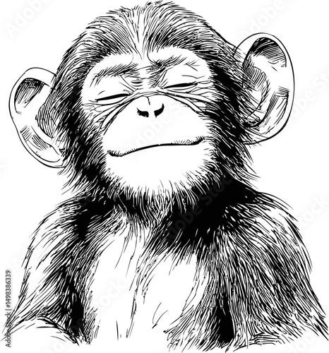 Sketch of a chimpanzee with closed eyes in black ink line drawing. Vector illustration