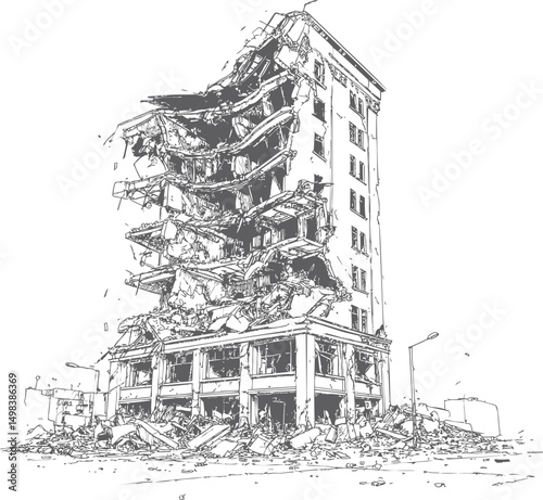Black and white sketch of a collapsed building with rubble and debris scattered. Vector illustration