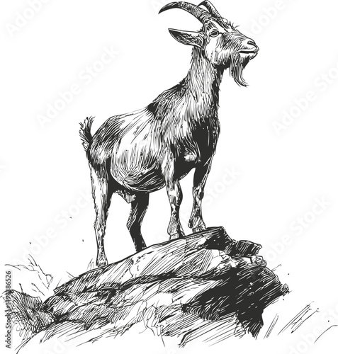 Illustrated goat standing proudly on rocky terrain, detailed ink drawing. Vector illustration