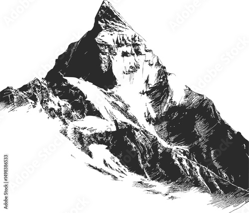 Black and white sketch of a majestic mountain peak with steep cliffs. Vector illustration