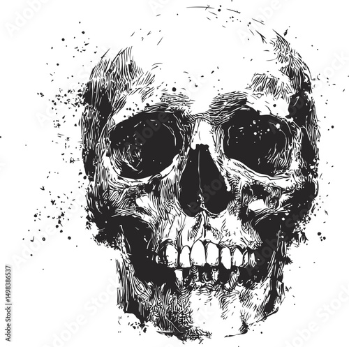 Intricate black and white skull illustration with splatters, digital artwork. Vector illustration