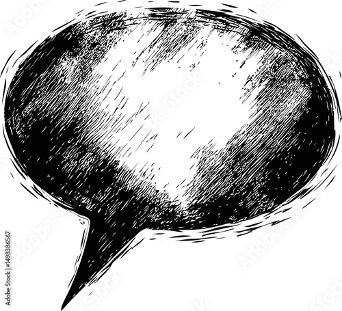 Grunge black and white speech bubble with distressed texture, empty inside. Vector illustration
