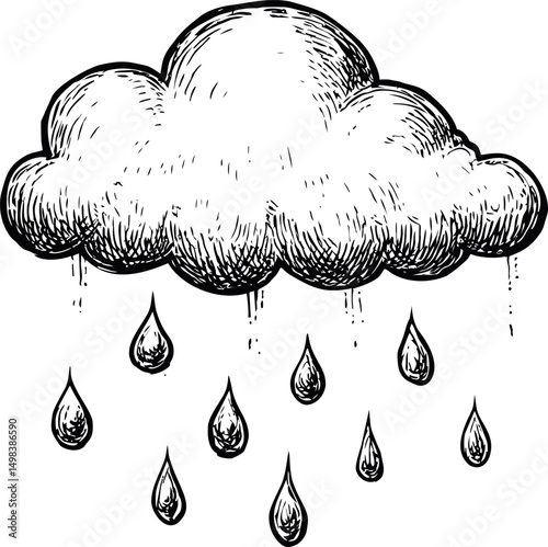 Hand-drawn black cloud with raindrops falling in a sketch style illustration. Vector illustration