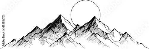 Black and white sketch of mountains with sun in background, line art drawing. Vector illustration