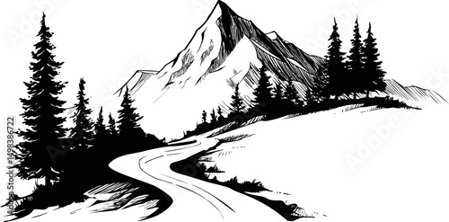 Black and white sketch of a mountain with pine trees and a winding road. Vector illustration