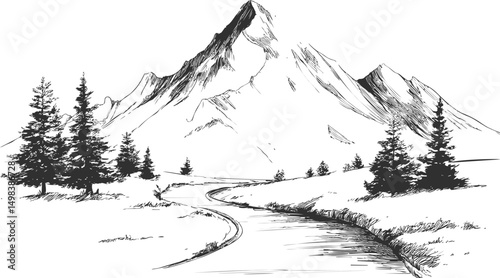 Black and white illustration of a mountain landscape with trees and a river. Vector illustration