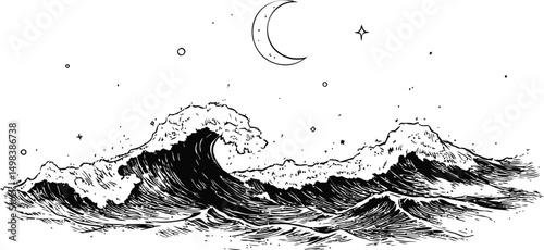 Black and white ocean waves under crescent moon with stars, pen and ink style. Vector illustration