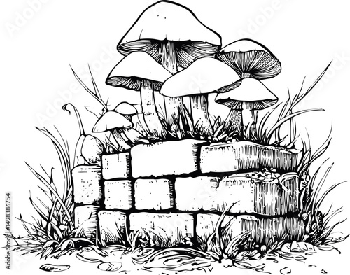 Mushrooms growing over a brick wall in a detailed black and white illustration. Vector illustration
