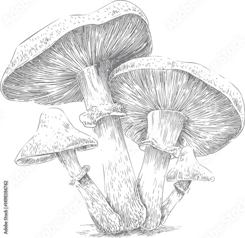 Detailed line drawing of mushrooms with textured caps and stems, artistic concept. Vector illustration