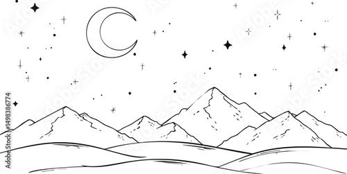 Night sky with crescent moon over mountains in black and white illustration. Vector illustration