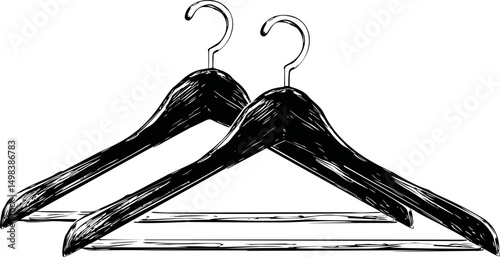 Black and white illustration of two wooden coat hangers, minimalistic artwork. Vector illustration