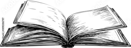 Ink drawing of an open book with turning pages, vintage illustration style. Vector illustration