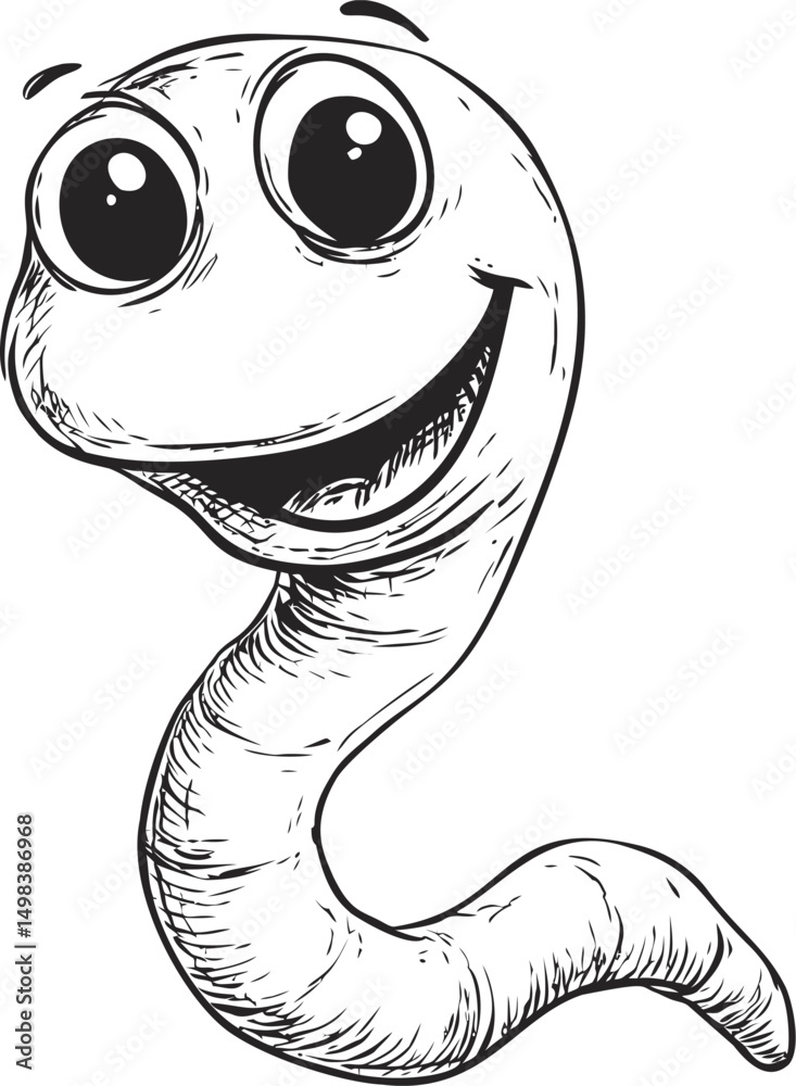 Fototapeta premium Happy cartoon worm with large eyes in black line drawing style. Vector illustration