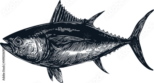 Detailed black and white illustration of a tuna fish, vector graphic style. Vector illustration