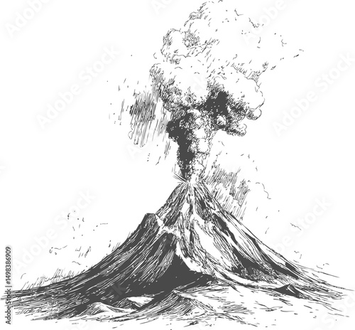 Black and white sketch of an erupting volcano with clouds of smoke. Vector illustration