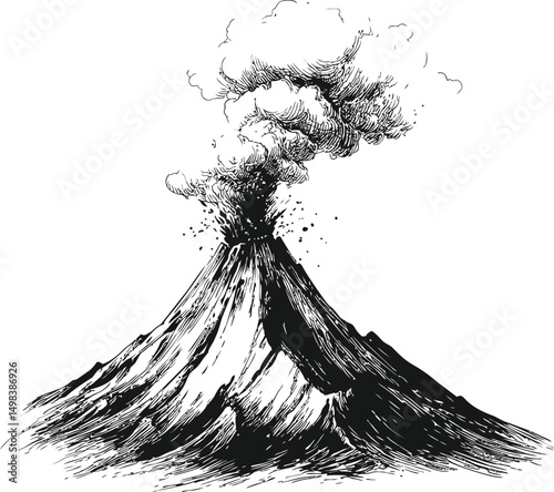 Erupting volcano with smoke and ash in black and white illustration. Vector illustration