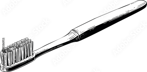 Hand-drawn illustration of a classic toothbrush in black and white. Vector illustration