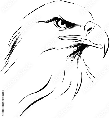 Illustration of an eagle head in black and white sketch expressing intensity. Vector illustration