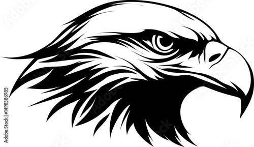 Black and white tribal eagle head with sharp lines and fierce expression. Vector illustration