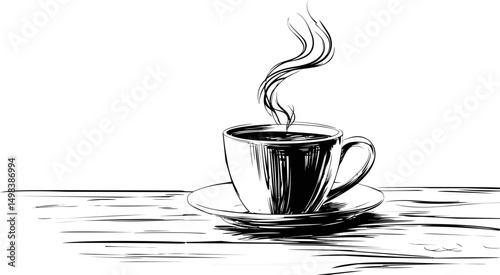 Line art illustration of a steaming coffee cup on a wooden table. Vector illustration