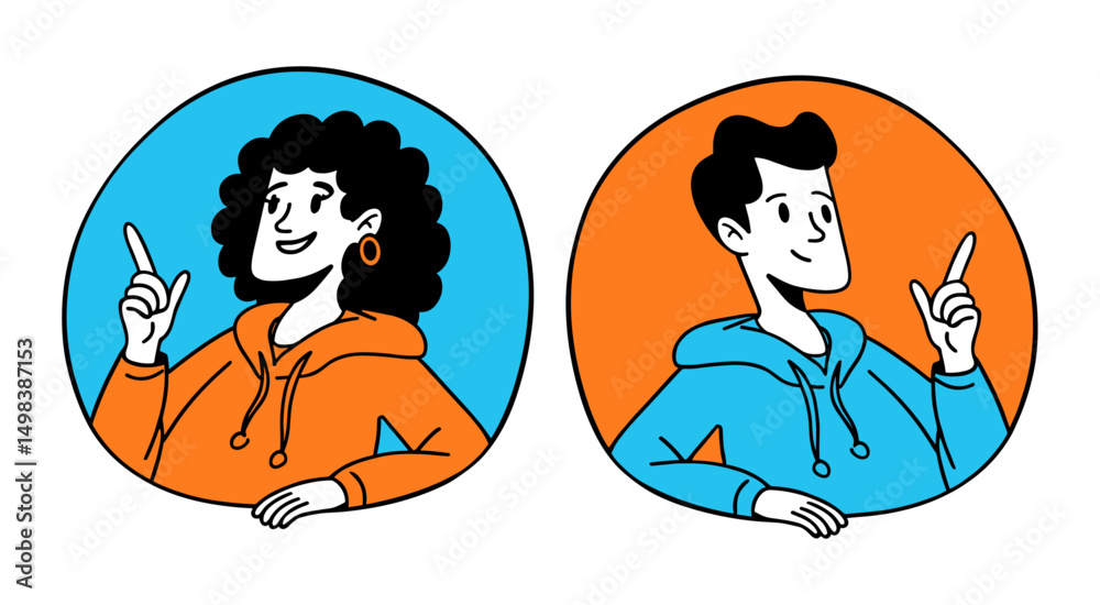 Naklejka premium woman and man wearing hoodies, flat cartoon in orange and blue colors, doodle drawing style characters illustration set