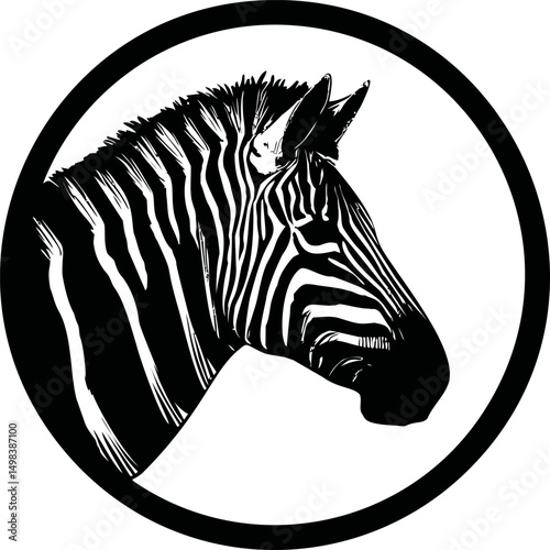Monochrome zebra head sketch enclosed in a circular border illustration. Vector illustration