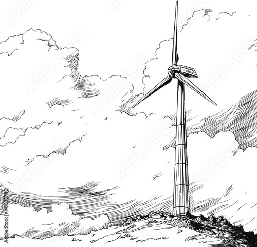 Wind turbine under cloudy sky in black and white drawing style. Vector illustration