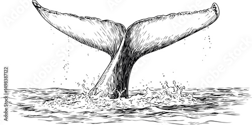 Whale tail sketch with splashing water in the ocean, black and white illustration. Vector illustration