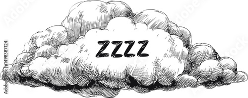 Sketch of a fluffy cloud with zzz in the center, concept of sleep and relaxation. Vector illustration