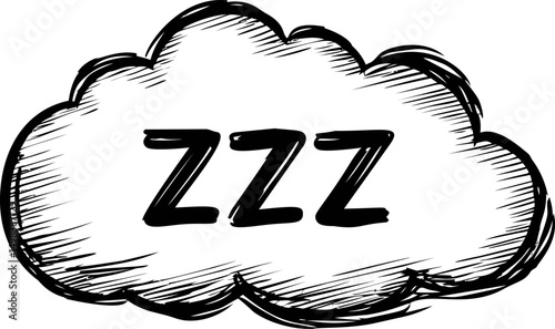 Cartoon cloud with zzz symbol representing sleep and rest in black and white. Vector illustration