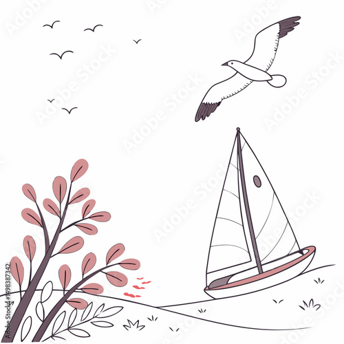 Sailboat seascape illustration, clean cutout, transparent background