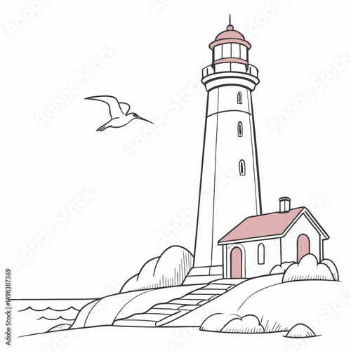 Coastal lighthouse scene with bird and keeper's house