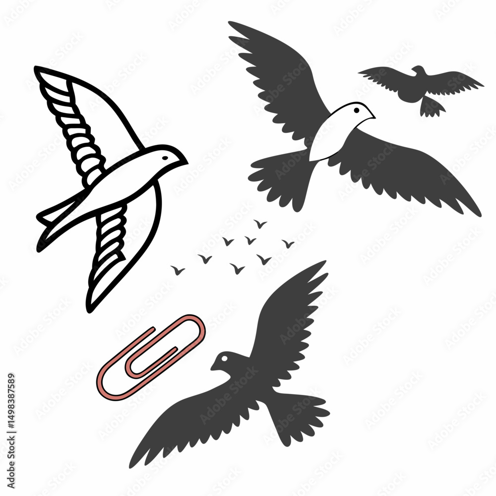 Fototapeta premium Birds in flight paperclip minimalist design