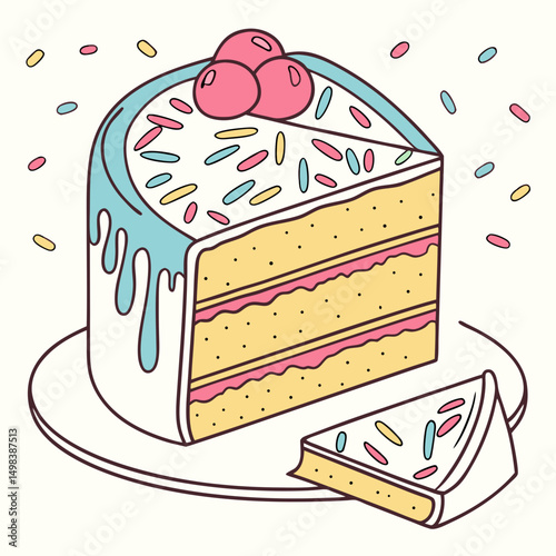 Delicious birthday cake slice with sprinkles and cherries