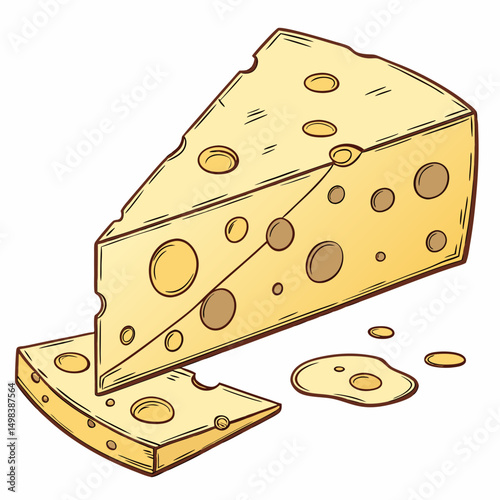Delicious swiss cheese wedge with holes and crumbles