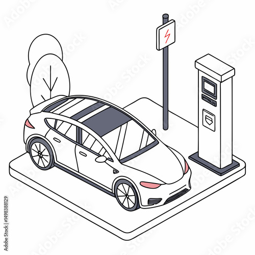 Electric vehicle charging station isometric illustration
