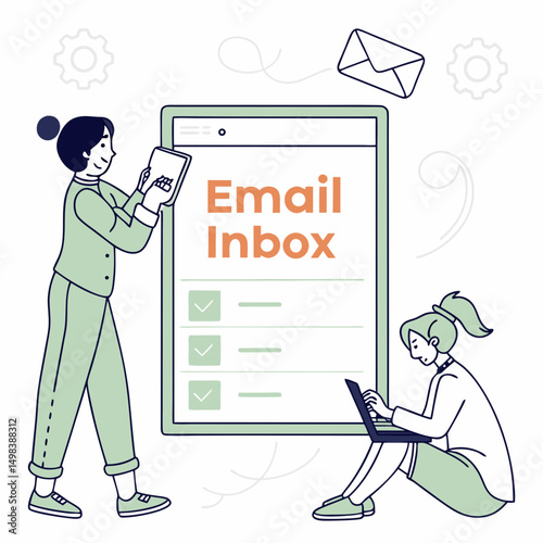 Two women managing emails inbox digital tasks