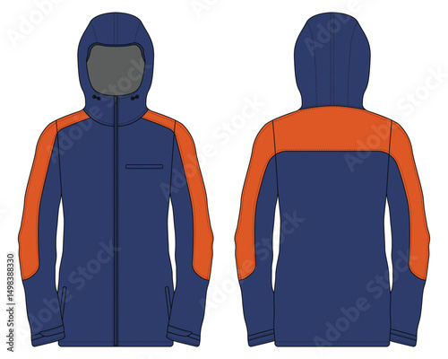 Blue and orange outdoor jacket mockup front and back view